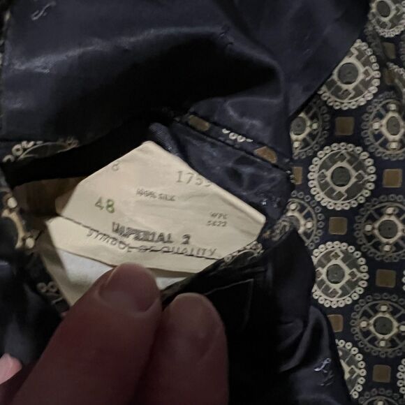 Lebow Clothes 100% Silk Blazer Gold Navy Pattern Sz 48 Made in USA Vintage - Picture 5 of 9